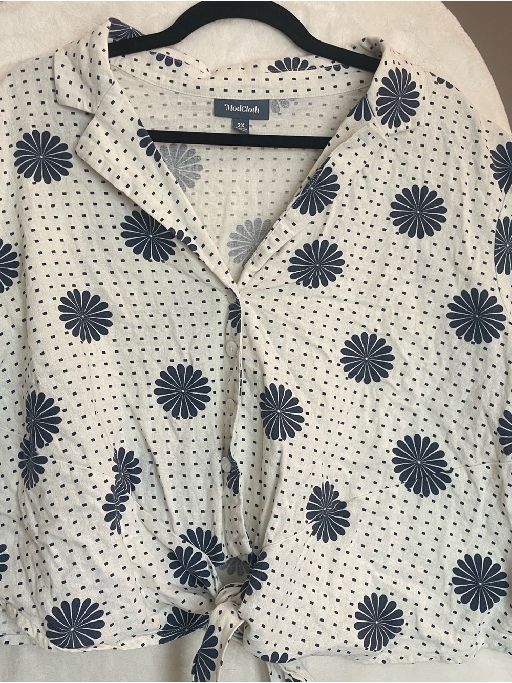 Modcloth Cream Button-Down Shirt with Navy Floral Print